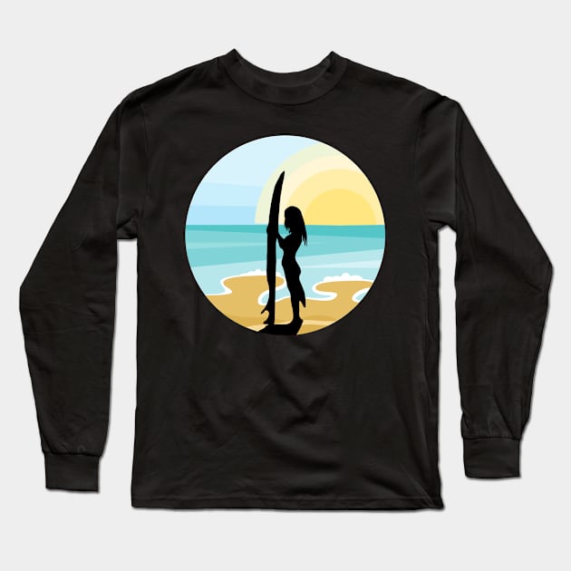 Surfer Girl and Surf Board, Sunset Beach Long Sleeve T-Shirt by Redmanrooster